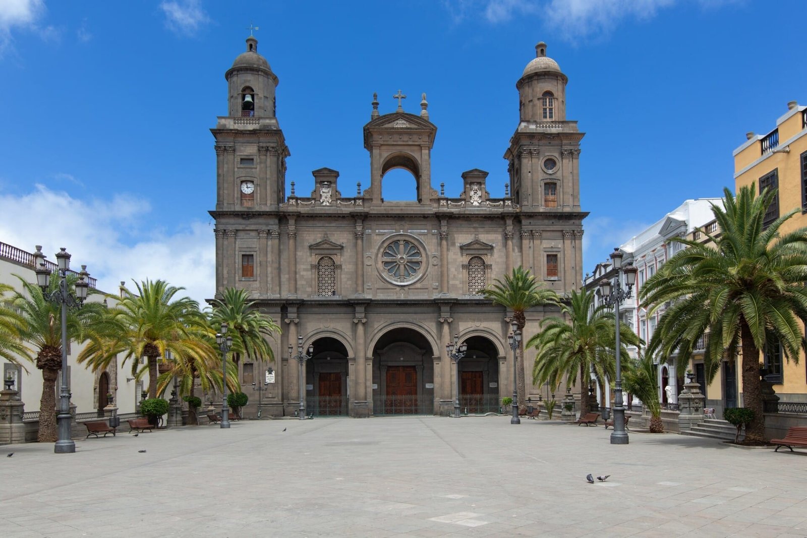 Santa Ana Cathedral square Vegueta Las Palmas de Gran Canaria palm trees blue sky
