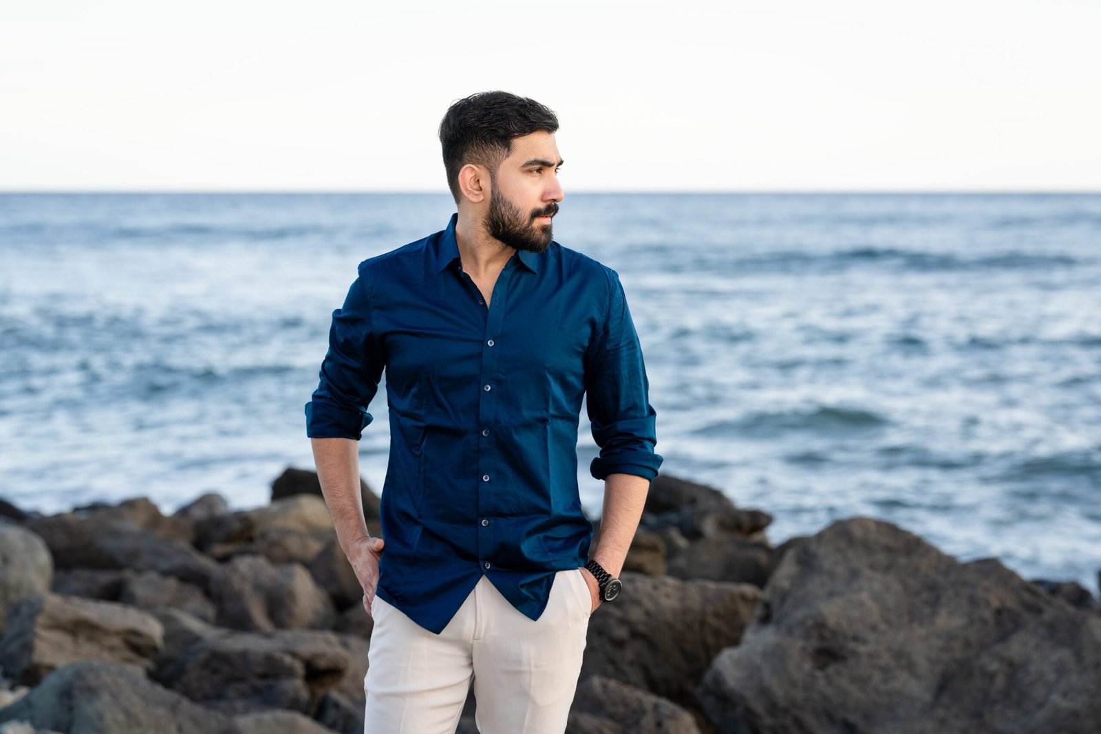 Man portrait rocky beach
