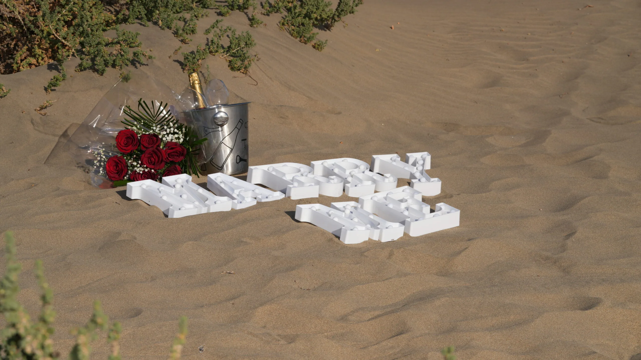 Marry Me proposal setup beach
