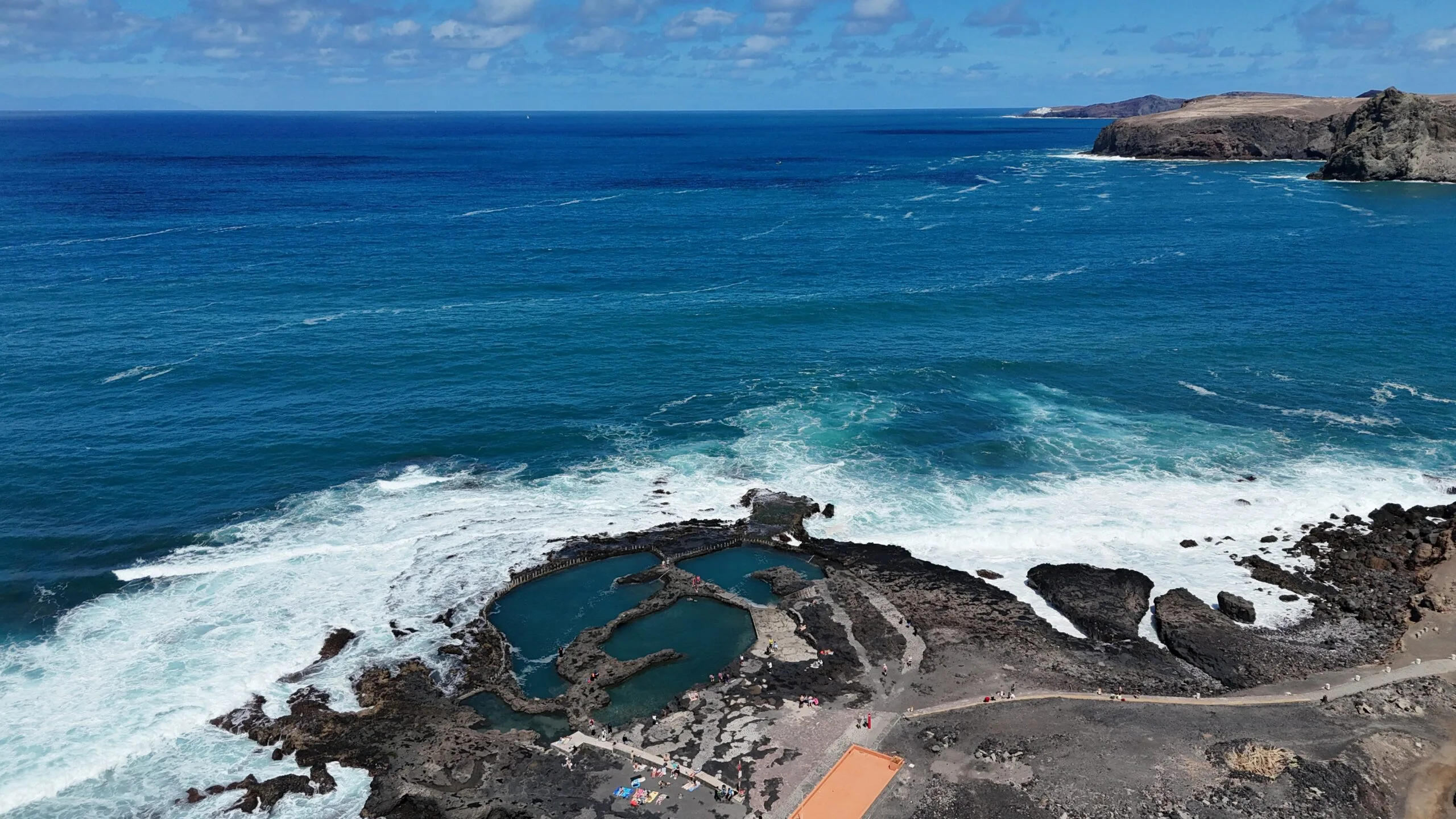 Aerial drone view natural pools Agaete volcanic coastline Gran Canaria Atlantic ocean