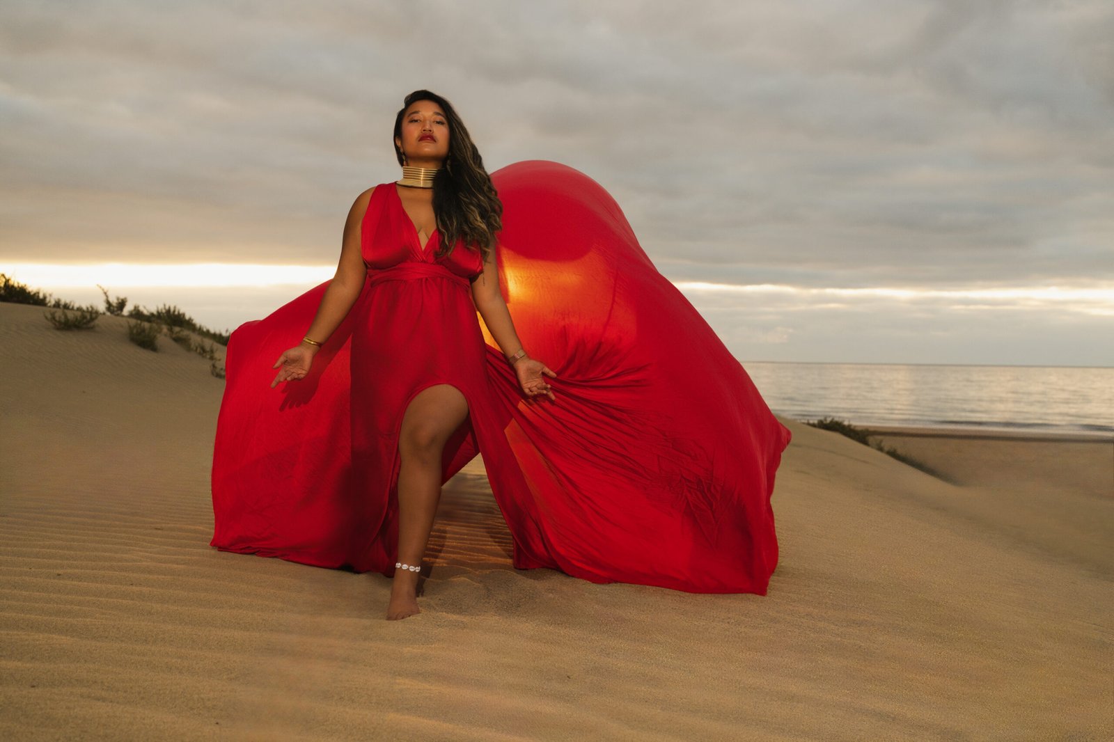 Flying dress in Amore Red on the dunes Gran Canaria