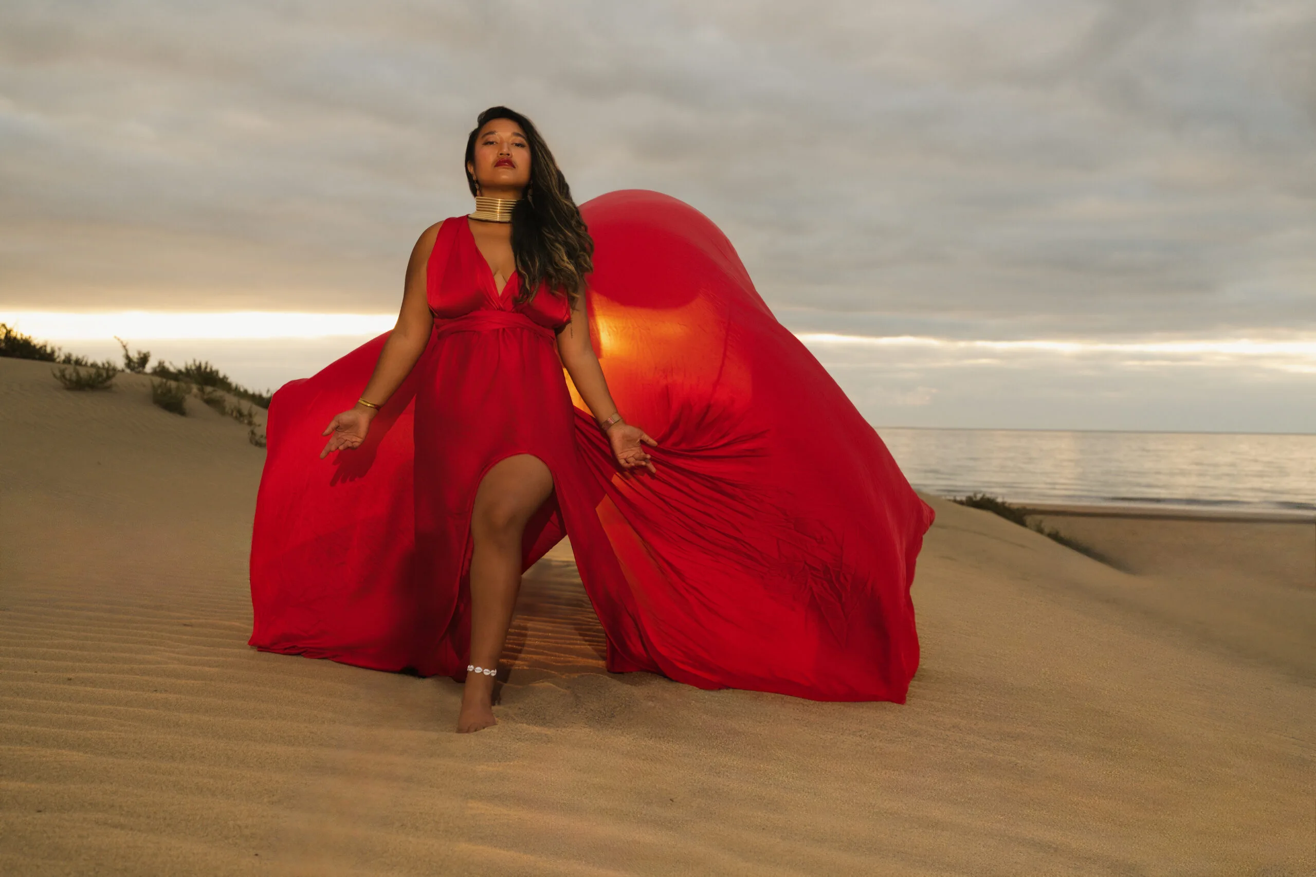 Flying dress in Amore Red on the dunes Gran Canaria